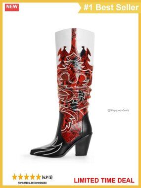 Womens Cowgirl Boots Knee High Faux Leather Side Zipper Pointed Toe Chunky Heel